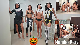 4人のいたずらな修道女がハロウィンに罪深い儀式と逆グループセックスに従事する