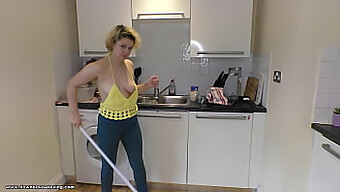 Delilah'S Brown Body Shines In The Kitchen As She Mops And Teases With Her Sexy Outfit