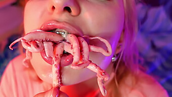 Oil-Smeared Asian Beauty Arya Granger Chews On Octopus